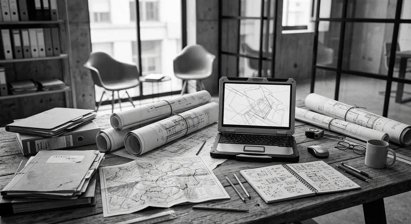 Planning documents, a laptop, and a working desk during a tender preparation