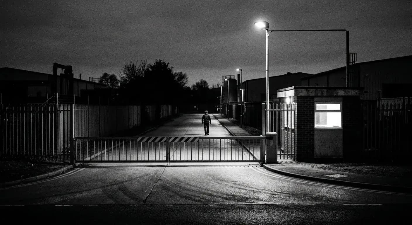 An OCI guard on night duty at a lit client gate