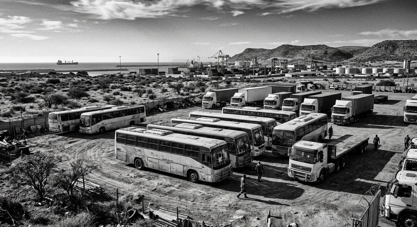 Generated supporting image: coaches and trucks in a port town yard, monochrome